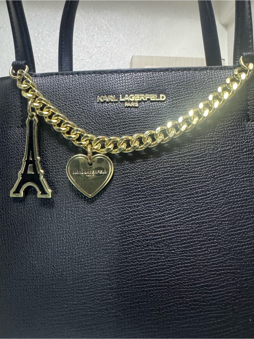 Karl Lagerfeld Black Tote with Gold Chain and Eiffel Heart Charms